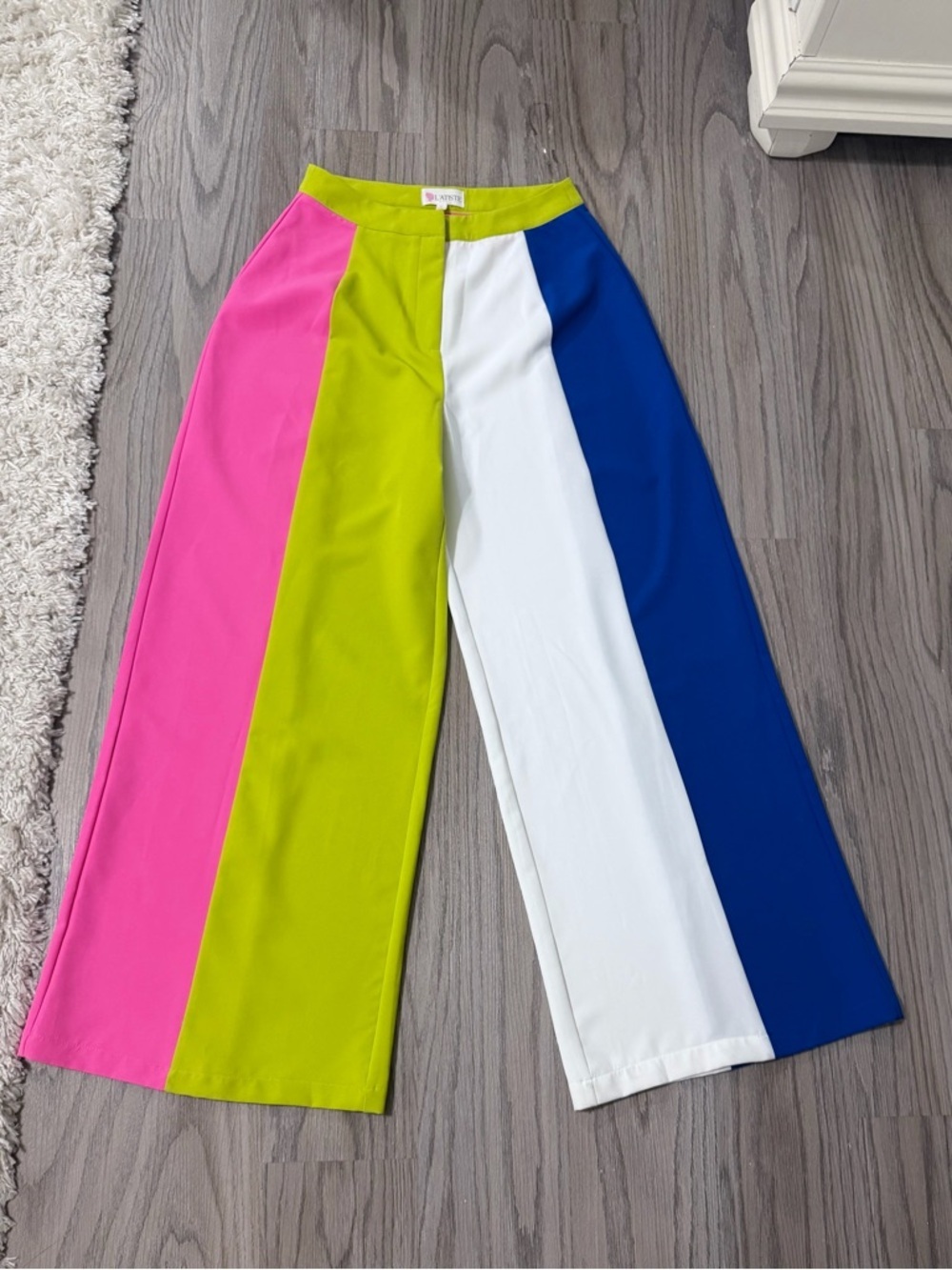 L'ATISTE Lime, Pink, White & Blue Colorblock Wide-Leg Pants - Picture 3 of 9